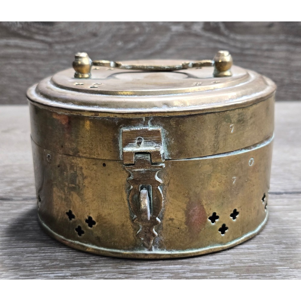 Vintage Brass Cricket Box Round Vented Trinket Storage Hinged Lid Handle Decor